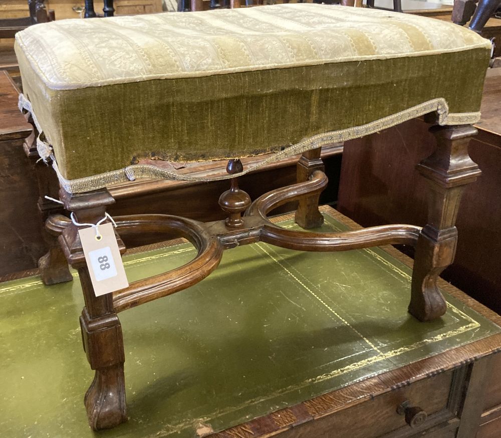 A walnut and oak stool, 17th century and later, width 56cm, depth 40cm, height 41cm